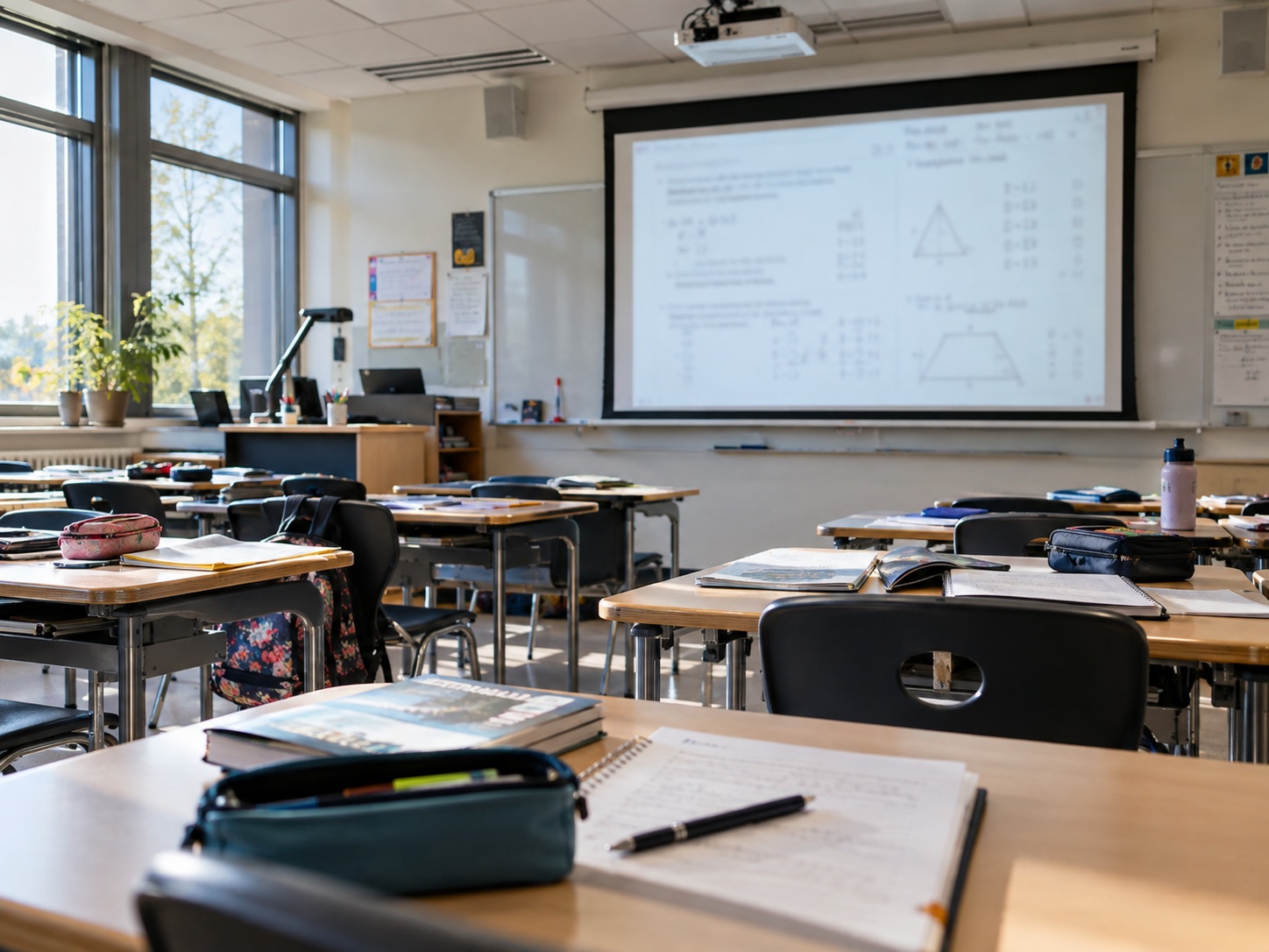 Salle de classe lumineuse avec pupitres, tableau et écran de projection.