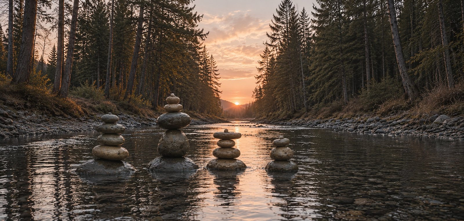 Quatre empilements de galets de tailles différentes dans une rivière, au coucher du soleil.